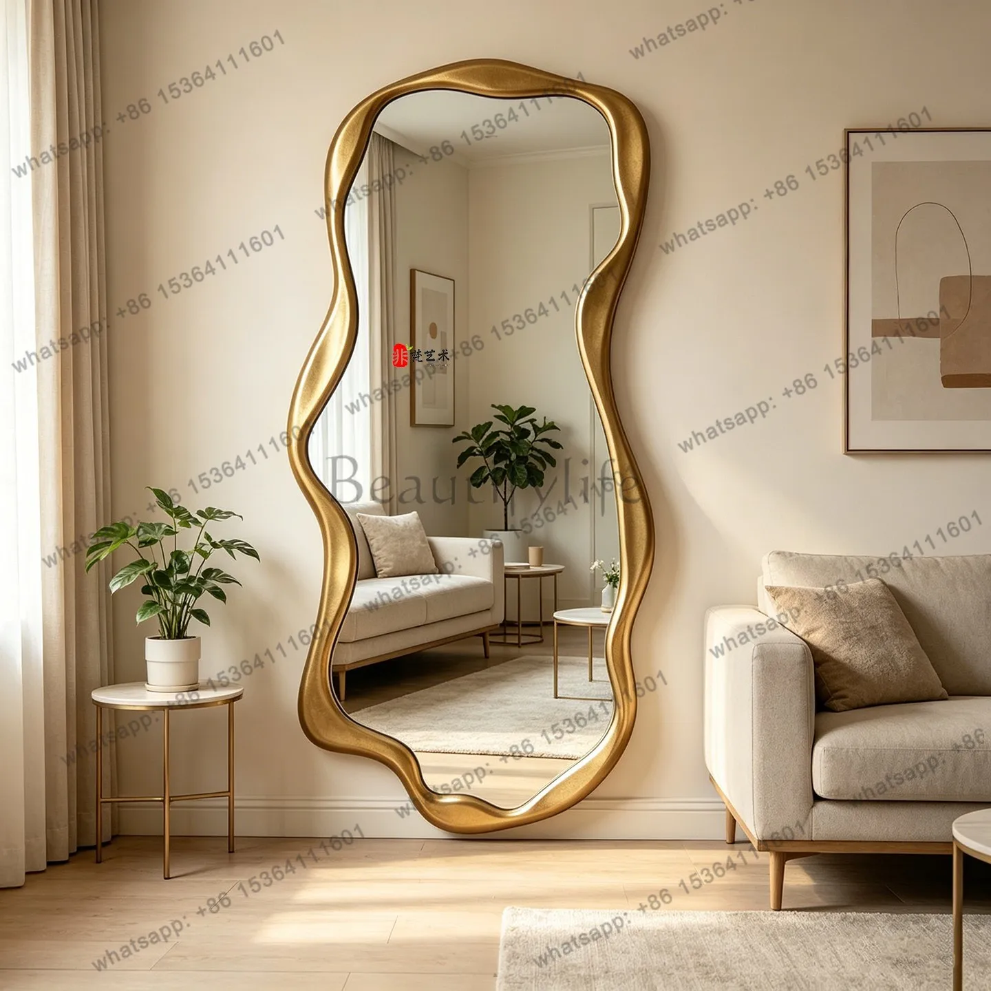 YJ light luxury full-body mirror irregular wavy edge floor-to-ceiling full-length mirror household cloakroom  fitting mirror