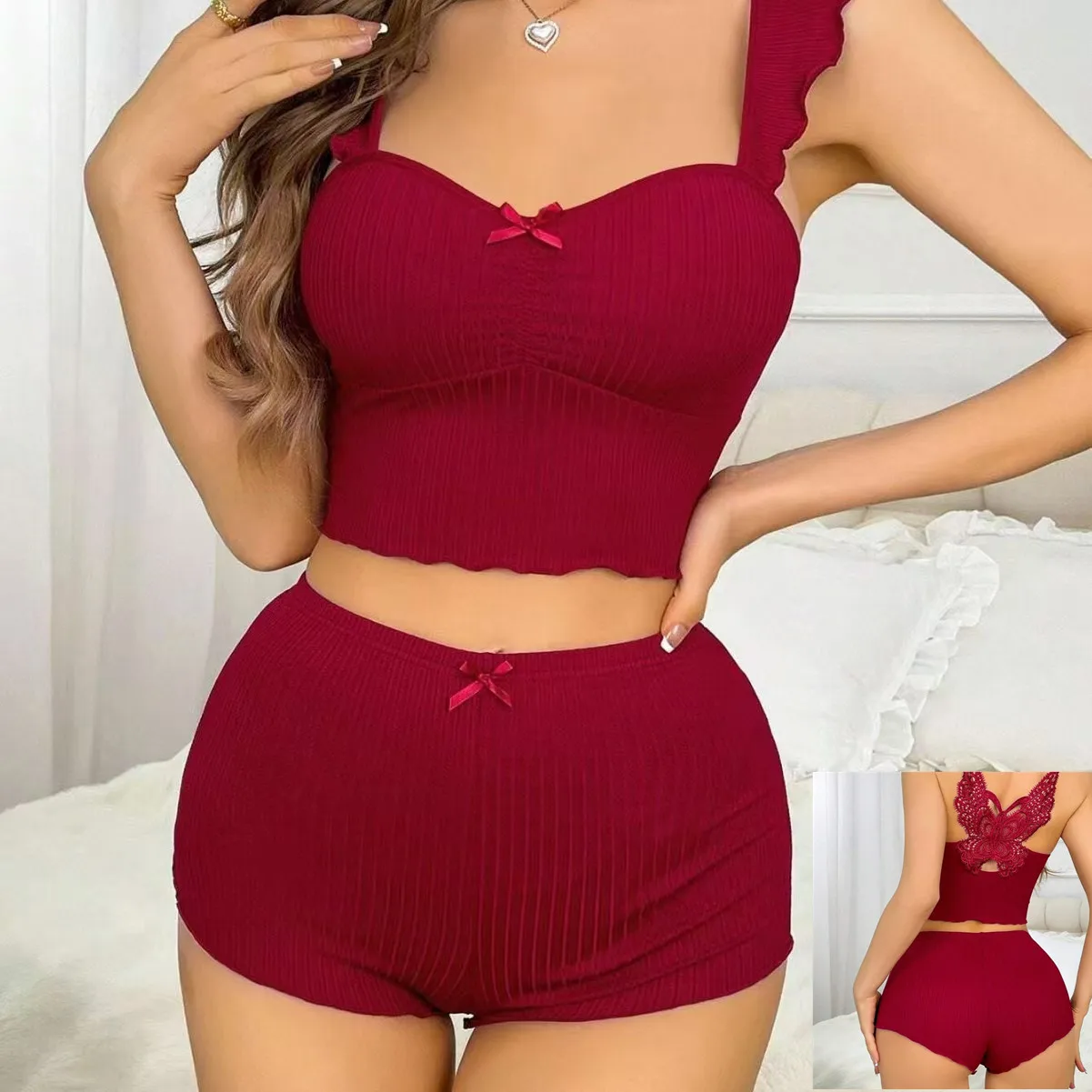 Sexy Women's Pajamas With Pants Women's Home Suit Sleeveless Pijama Sleepwear for Sleeping Butterfly Back Hollow out Pajamas