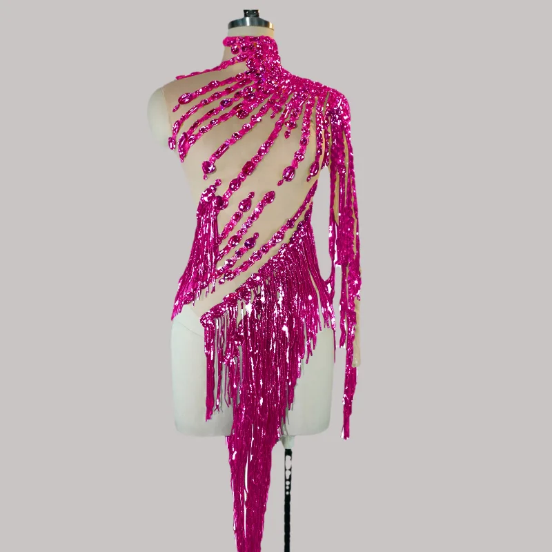 Sexylong 스팽글 슬리브 프린지 바디 슈트 여성용 DS 섹시한 공연 댄스 의상 가수 댄서 무대 착용 나이트 클럽 의상