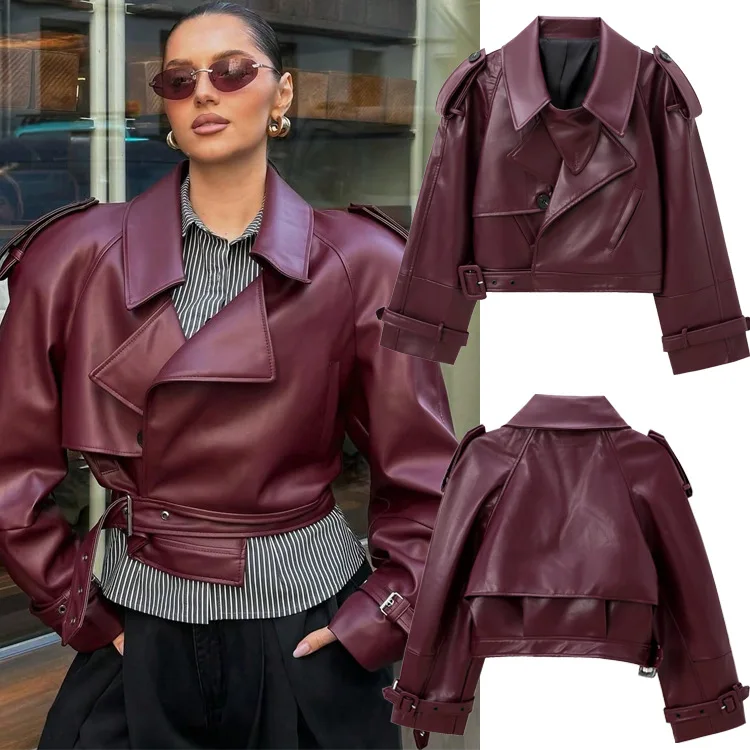 

Короткая кожаная куртка винно-красного цвета в стиле ретро, женская повседневная теплая облегающая куртка с отложным воротником, осень 202, женская уличная верхняя одежда для вечеринок