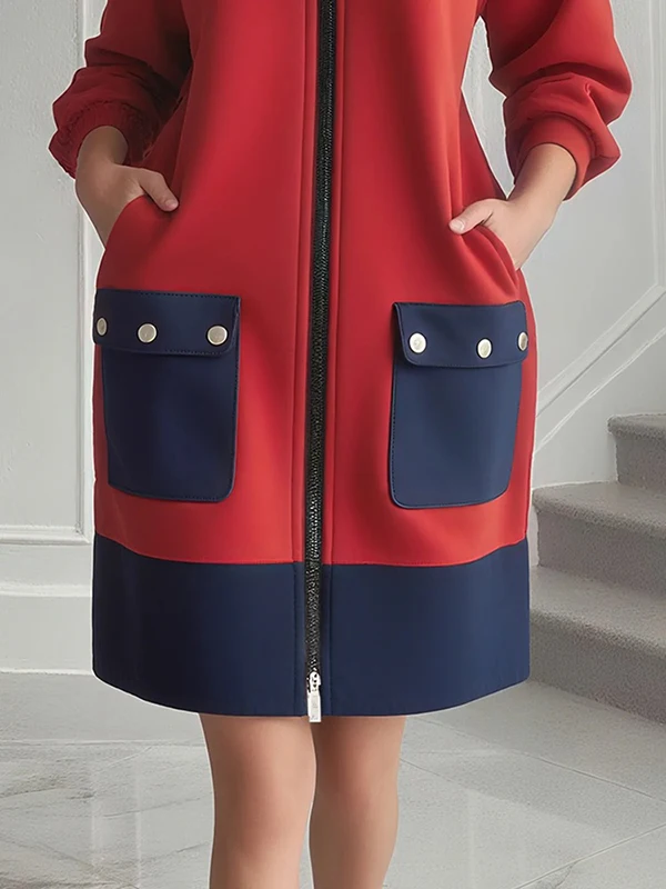 Modigirl Kontrastfarbe, lange Ärmel, Kleider für Damen, Winter, Frühling, 2022, neue stilvolle rote Taschen, Reißverschluss, Midi-Freizeitkleid für Damen