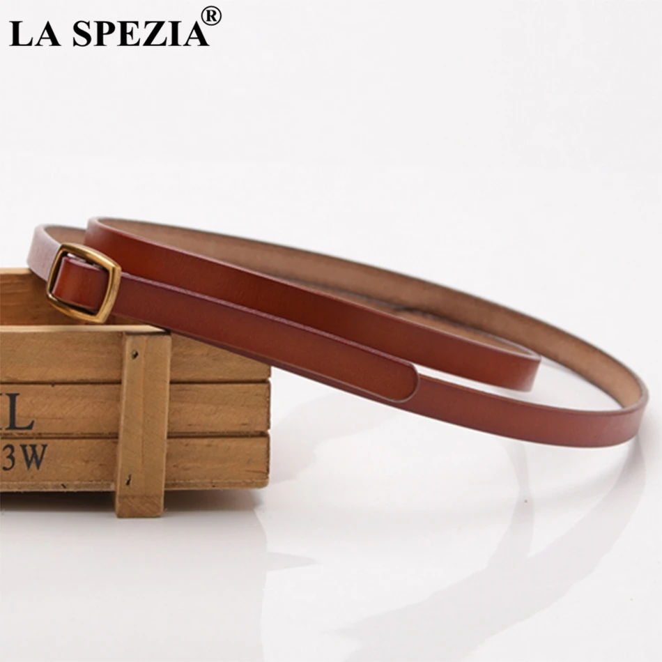 LA SPEZIA Thin Belt Women Solid Square Belt Without Holes Ladies Coffee Real Leather Cowhide Fashion Female Brand Belt For Jeans