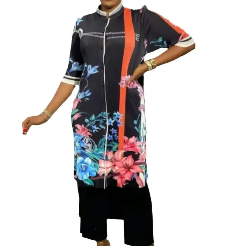 Miyake Dress Miyake Folding Plant Flower Print Top Wide Leg Straight Pants Two-piece Fashion Set