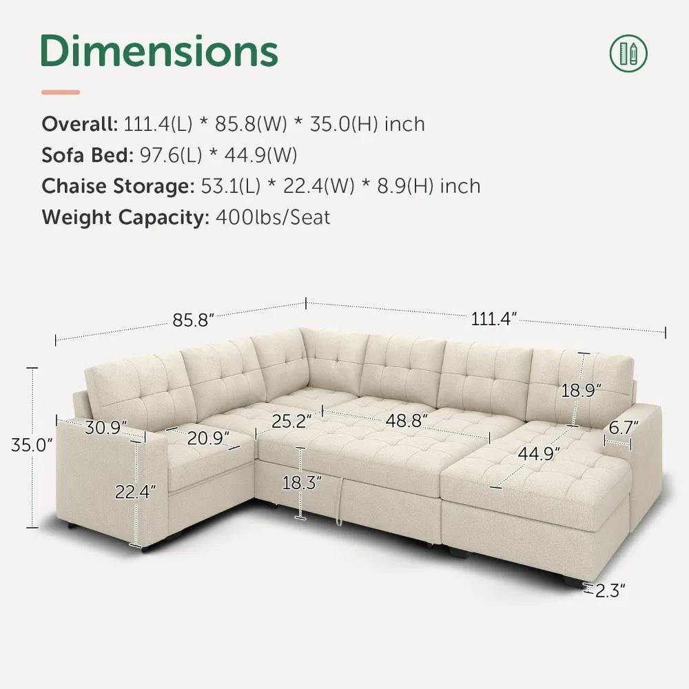 Sleeper Sectional Sofa with Pull Out Bed, U Shaped Sectional Sleeper Couch with Storage Chaise, Convertible Sectional Sleeper S