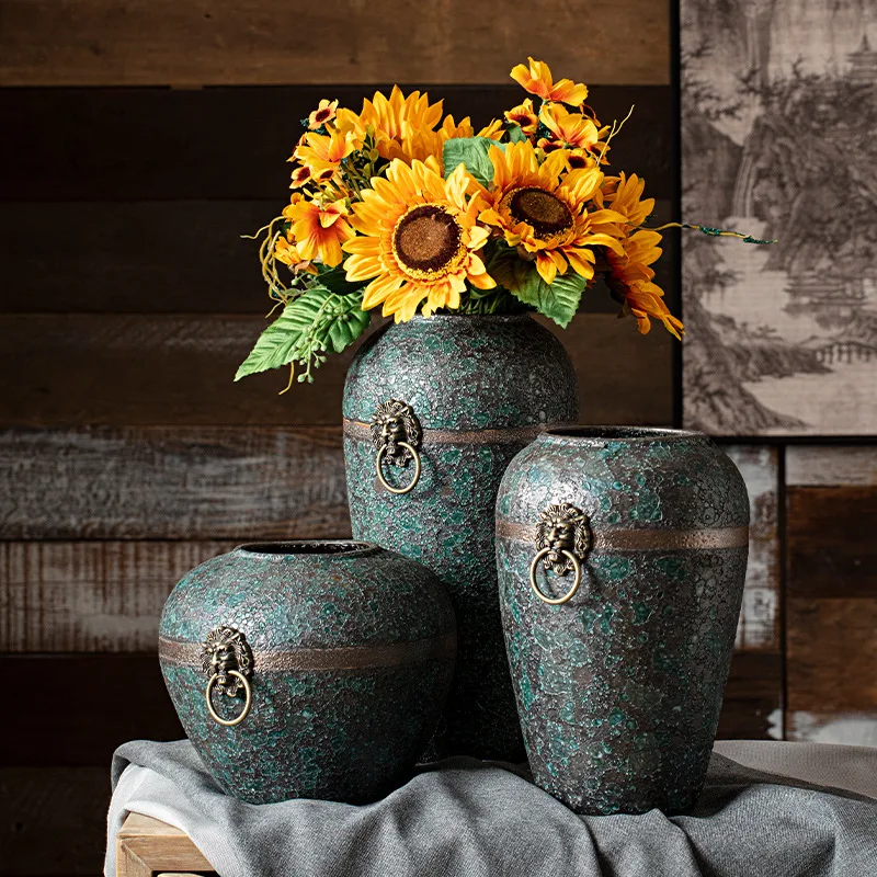 New retro vintage foyer living room home decor with dried flowers and water cured ceramic vases