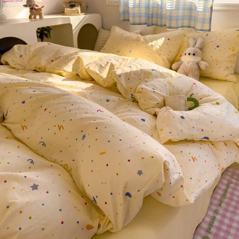 Ins Blue Heart Bedding Set Twin Double Size Student Adult Duvet Cover Flat Sheet Pillowcase Home Hotel Bed Comforter Cover
