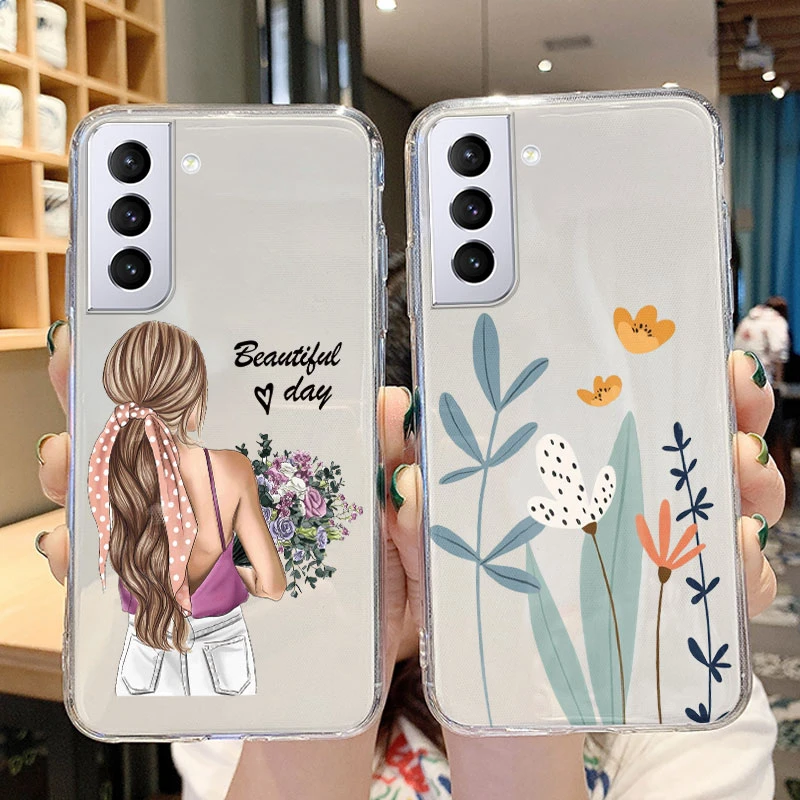 Fundas For Samsung Galaxy S21 5G S 21 Plus S21 FE Back Cover Transparent Soft Silicone Cute Cartoon Flower Coque For Samsung S21