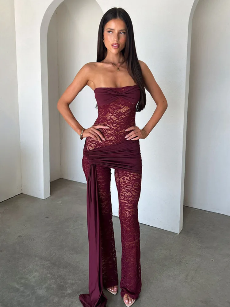 Absobe Women Sexy Lace Patchwork See Through Strapless Jumpsuits Solid Color Open Back Ruched Ribbon Tight Fit Fashion Clubwear