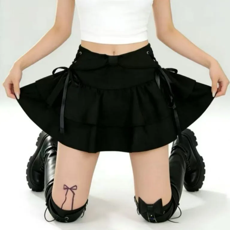Y2K Black Strap Pleated Skirt Women's Spring A-word Short Skirt Design Skirt