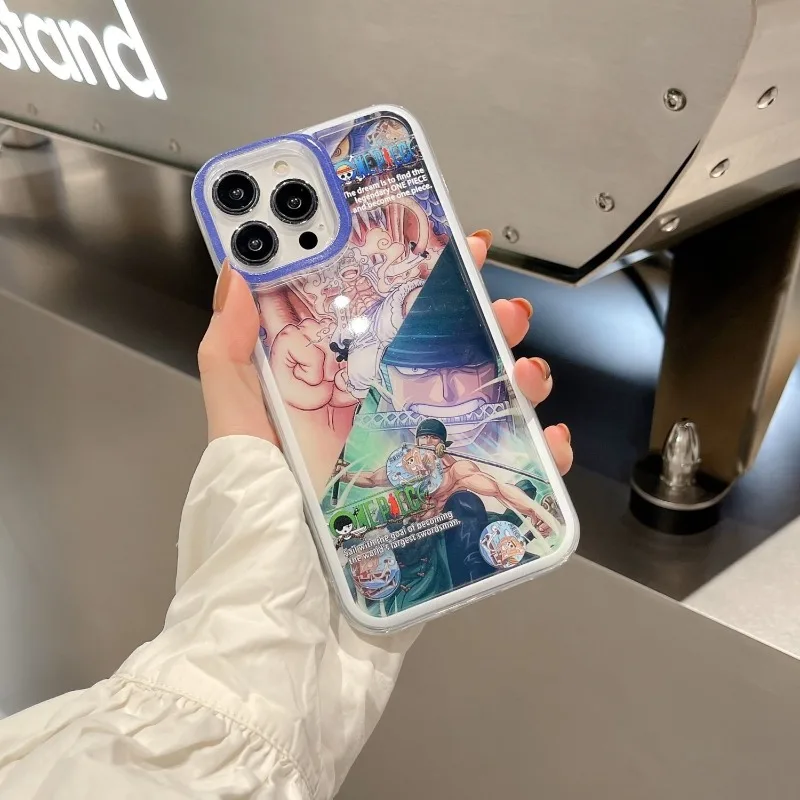 Anime One Piece Luffy Zoro Liquid Mobile Phone Case Protective Cover for Apple 15 14 13 12 Cartoon Acrylic Hard Case Men's Gift