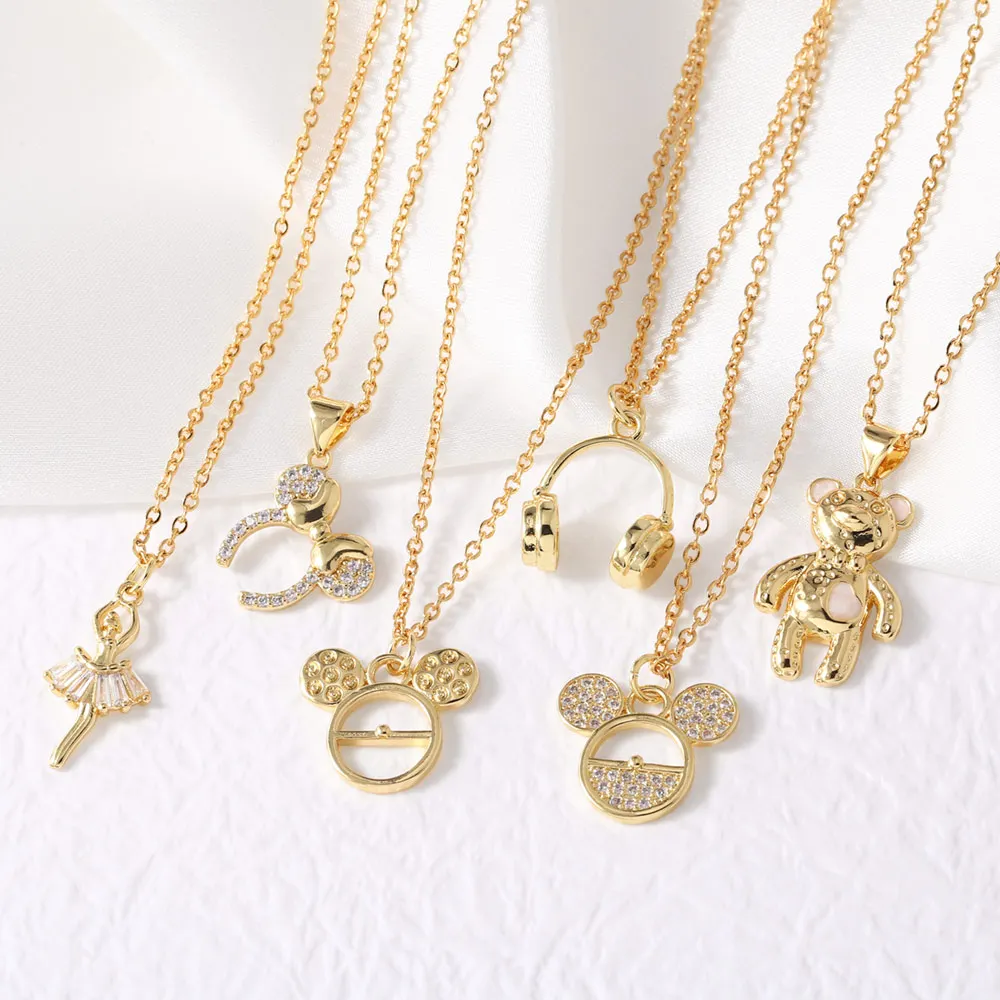 Cute Gold Plated Little Bear Necklace for Women CZ Crystal Fairy Mouse Head Necklaces Tiny Jewelry Gifts nkep40
