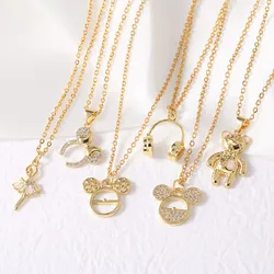 Cute Gold Plated Little Bear Necklace for Women CZ Crystal Fairy Mouse Head Necklaces Tiny Jewelry Gifts nkep40