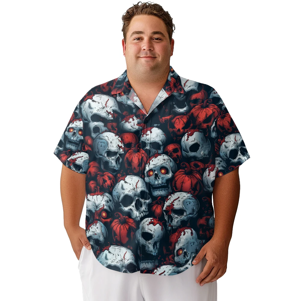 2024 new Hawaii Men's shirts plus size Halloween horror skull pumpkin head pile printed clothing casual short-sleeved