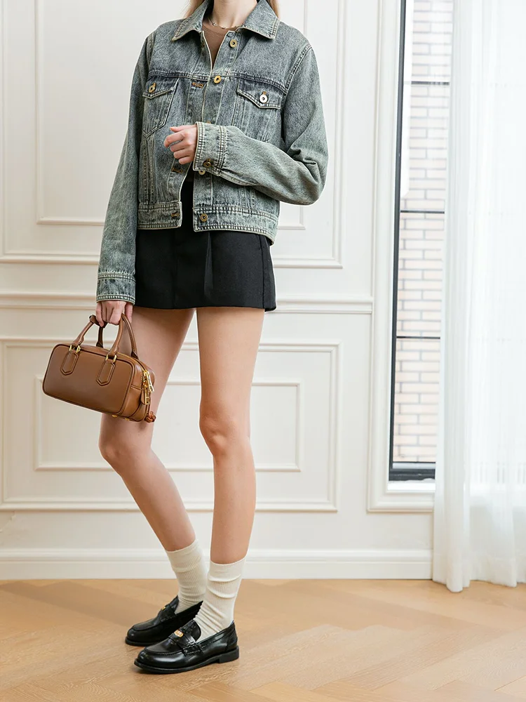 

Retro Modern Waed Denim Cotton Replied Jaet Button down Collar 3D ape Women's Casual Sle Coat Resistant to Deforma...