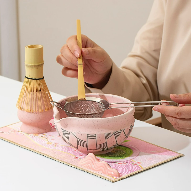 5/7pcs Japanese Matcha Ceramic Tea Set Whisk Ceramic Bowl Bamboo Scoop Sifter Spoon Tea Towel Whisk Holder Matcha Kit Tea Lovers