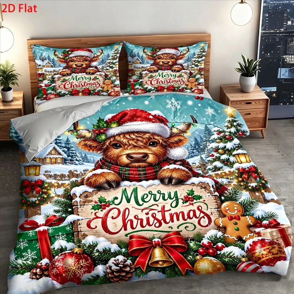 Christmas Bear Gift Print Bedding Set (1*Duvet Cover + 2*Pillowcases), Festive Party Atmosphere Decoration, Suitable for All Seasons, Machine Washable, Invisible Zipper Design, Large Double Bed Cover Set, Suitable for Home, Dormitory, Master Bedroom, Guest Room, Ins-Style Japanese Floral and Animal Pattern Bedding, Specially Designed for Comfort and Skin-Friendly Bedding Sets, Bedroom Decoration and Sleep Essentials, 2D Flat Print