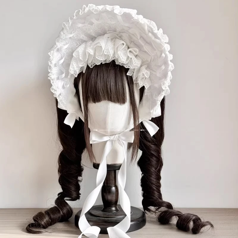 

Lolita Bonnet Cap Women Lace White Black Gothic Vintage Headband Girls Original Handmade Bridal Lace Ruffled Bow Cos Headwear