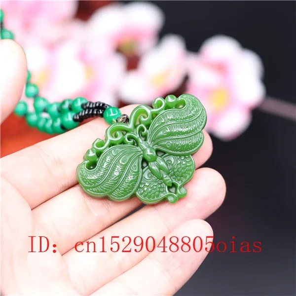 

Natural Green Chinese Jade Butterfly Pendant Beads Necklace Fashion Charm Jadeite Jewelry Carved Amulet Gifts for Women Men