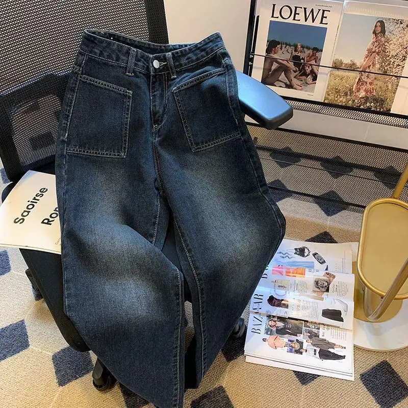 Chic High Waist Jeans Women Loose Fit Wide Leg Straight Pants Large Pocket Floor Length Casual Comfortable Stretchy Denim