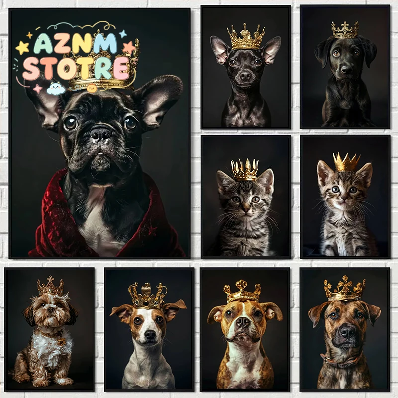 Póster de Perro Lindo con Corona Dorada, Impresiones de Retratos de Bulldog Francés, Arte de Pared en Lienzo, Cuadro para Decoración del Hogar