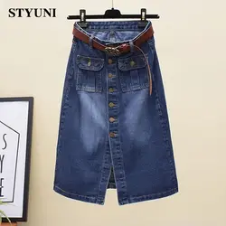 Cotton Denim High Waist With Belt A-Line Women's Skirt 2022 Single Breasted Casual Korean Fashion Mid-Calf Long Skirts for Women