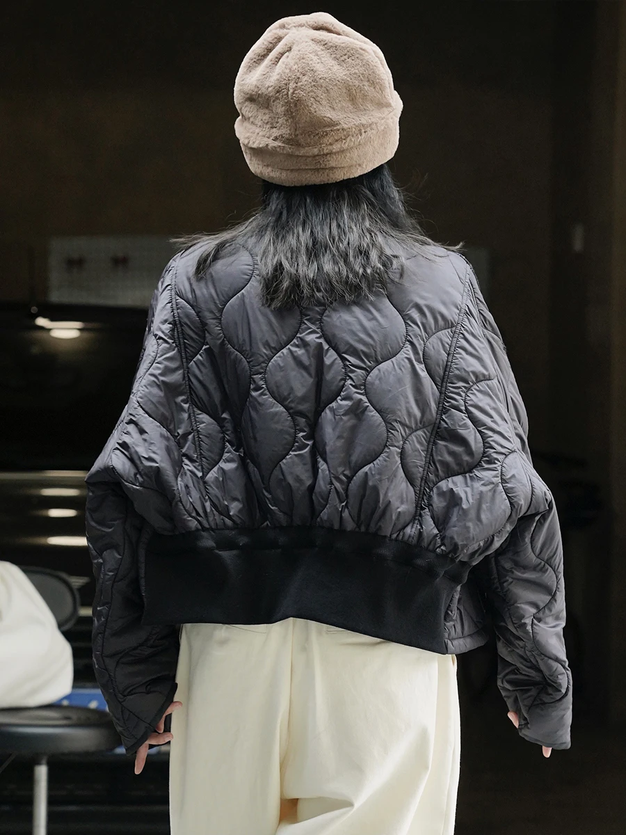 GALCAUR Spliced กระเป๋าลงเสื้อผู้หญิง V คอยาวแขนยาว Patchwork Single Breasted Casual Quilted Jacket หญิงฤดูหนาวใหม่