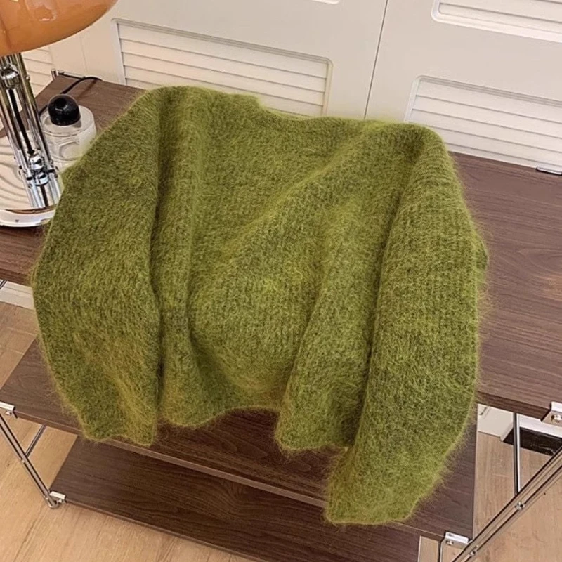 딥타운 캐주얼 그린 스웨터 여성 빈티지 우아한 하라주쿠 긴 소매 니트 풀오버 스위트 Y2k 가을 겨울 루즈 점퍼