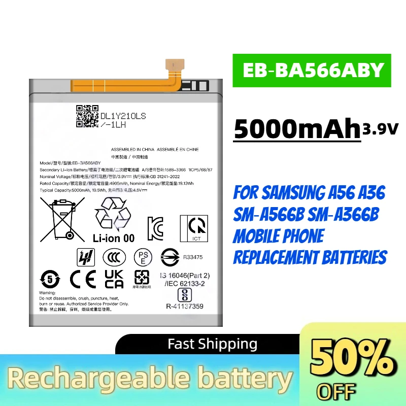 In Stock New EB‑BA566ABY 5000mAh 3.9V Battery for Samsung A56 A36 SM‑A566B SM‑A366B Mobile Phone Replacement Batteries