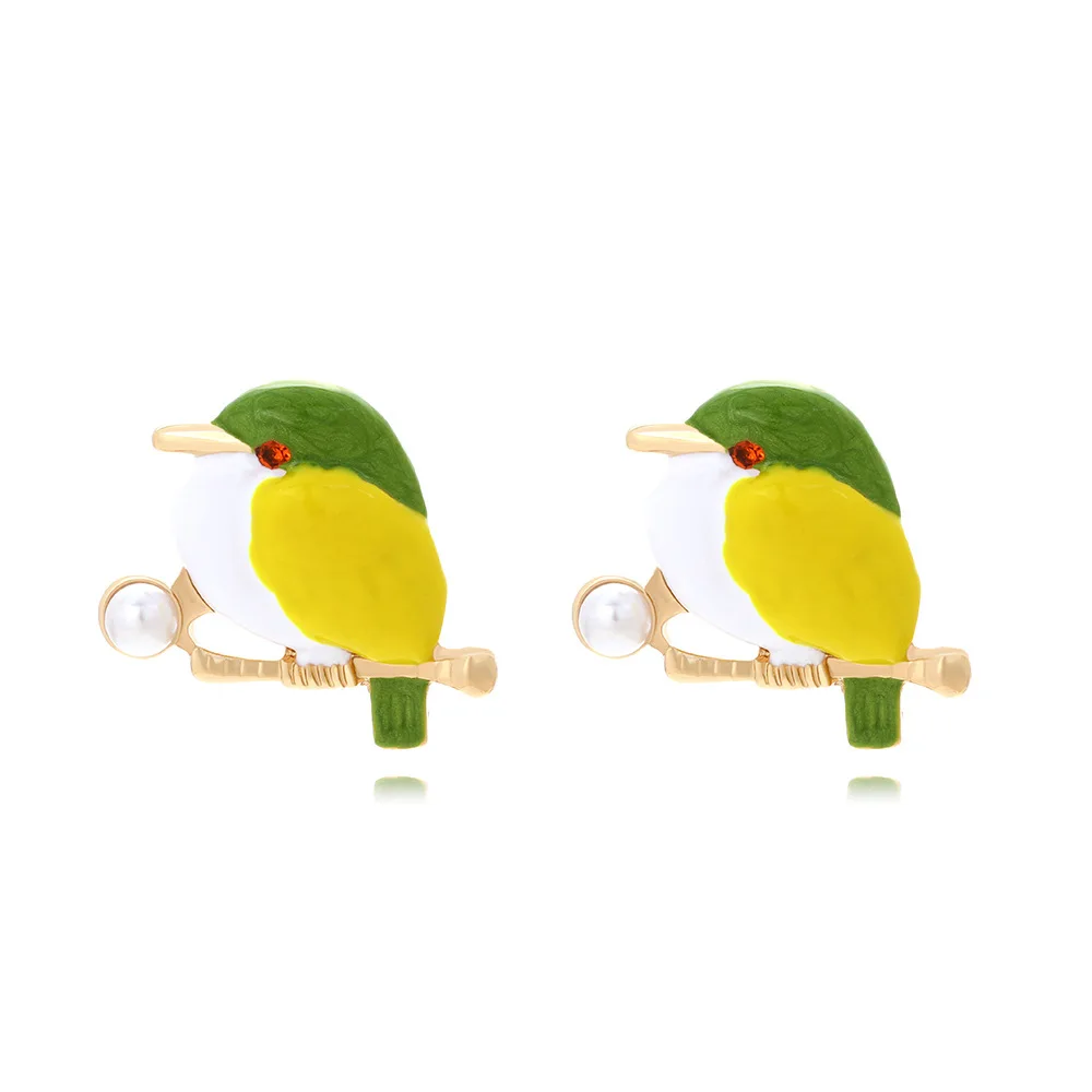 Personality cute alloy dripping bird stud earrings niche design imitation pearl enamel magpie earrings women
