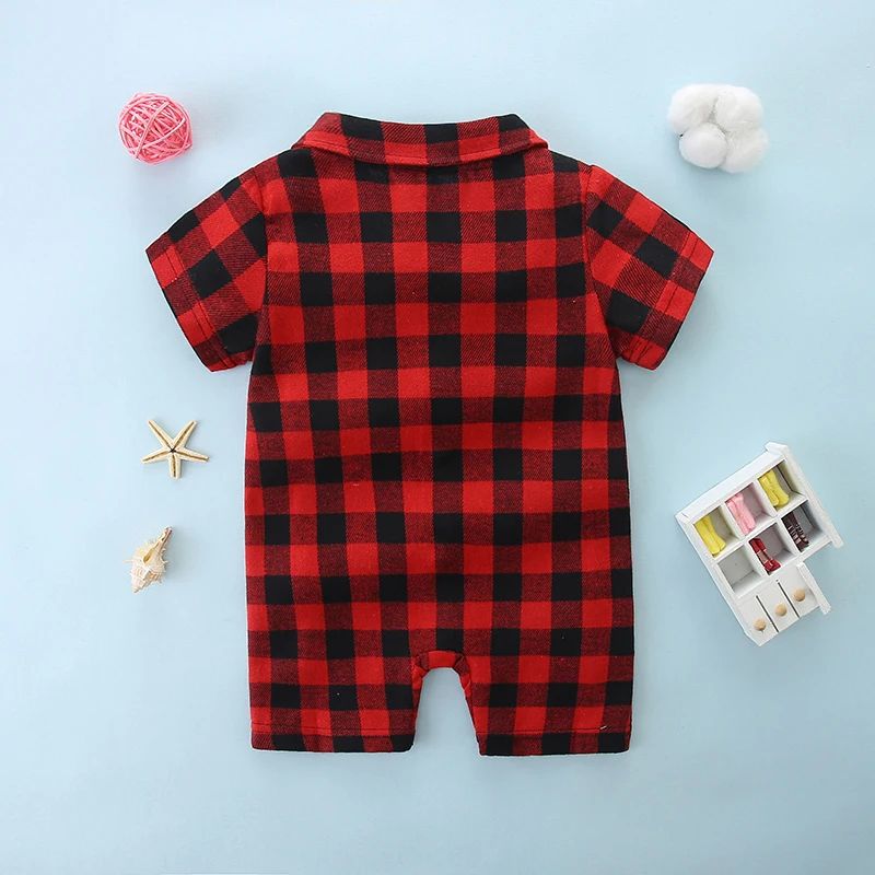 Baby Boy's Casual Crawling Suit, Handsome Plaid Lapel Jumpsuit, One Year Old, Summer