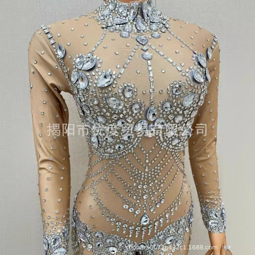 DJ Party Silver Flash One-piece Mesh Personality Design Temperament Dress Cocktail Party Night Performance Glass Pants Robe Fête