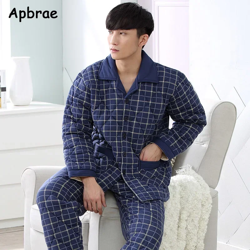 Deep Blue Pajama Sets Winter Thick Sleep Tops Nightwear Plus Size L-3XL Loungewear Three Layer Cotton Sleepwear for Men