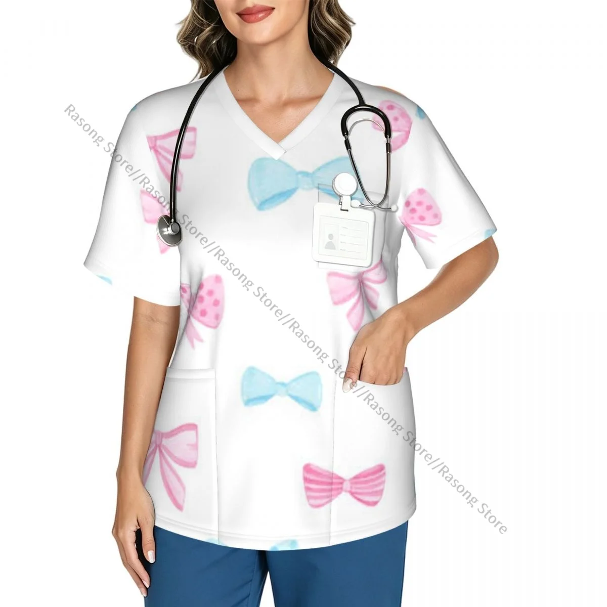 Women's Medical Scrub Top V Neck Short Sleeve Pink And Blue Bows Pattern Stretch Nursing Uniform for Hospital Clinic