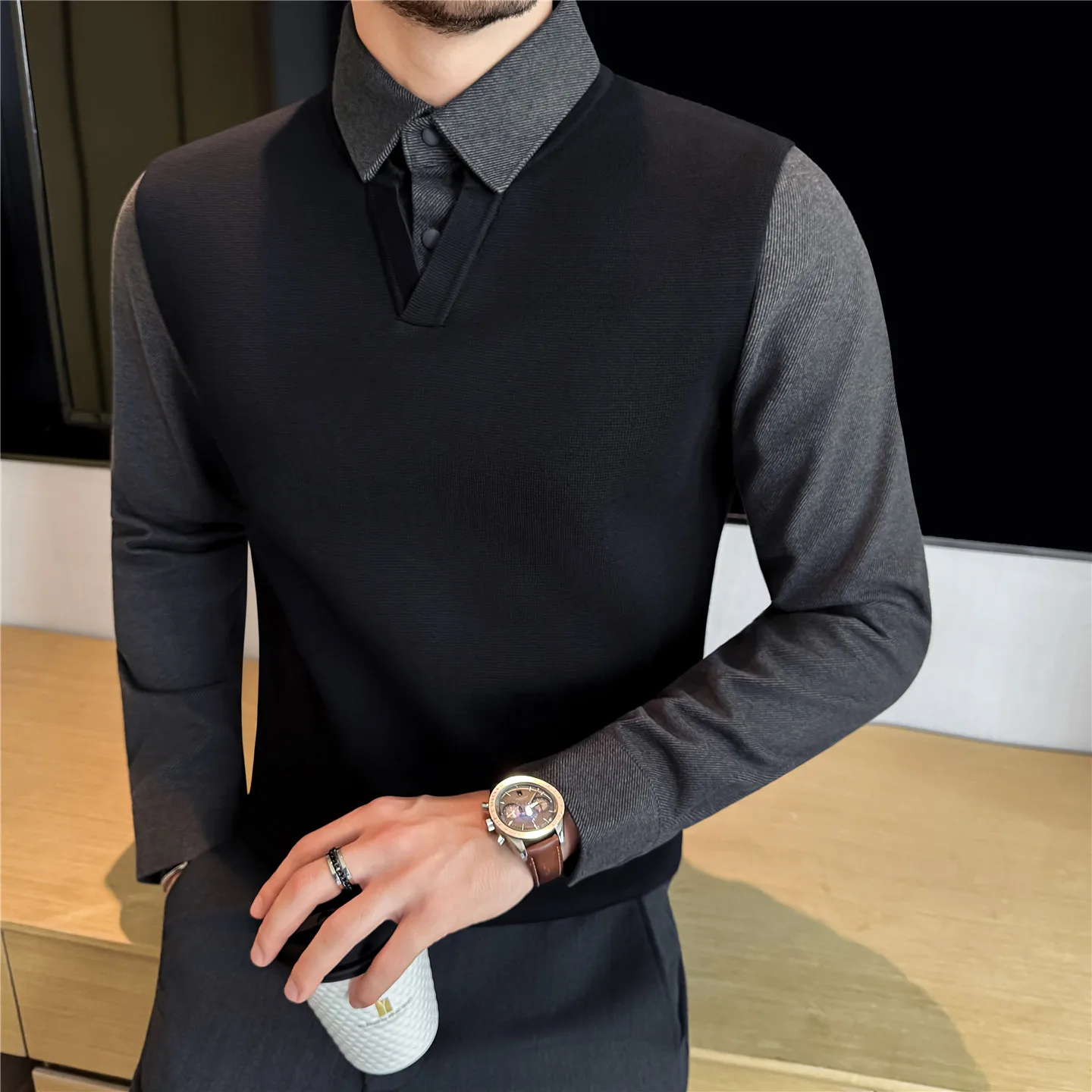 

Autumn Winter New Fake 2 Pieces Knitted Sweater Thickened Woolen V Neck Spliced Casual Pullovers Fashion Men Shirt Sweaters