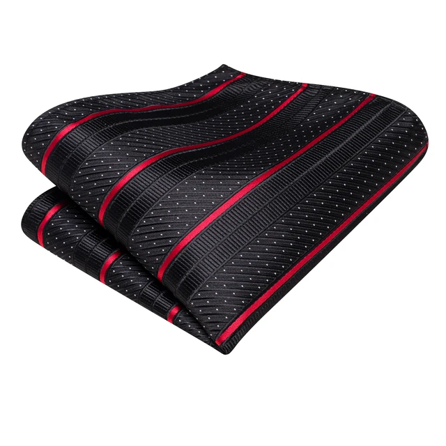 Black Red Striped Wedding Tie For Men Handky Cufflink Gift Men Necktie Fashion Business Party Dropshiping Designer Silk 6 Men's Striped Tie Gift Set – Black and Red Stripe Necktie with Pocket Square and Cufflinks – view 6