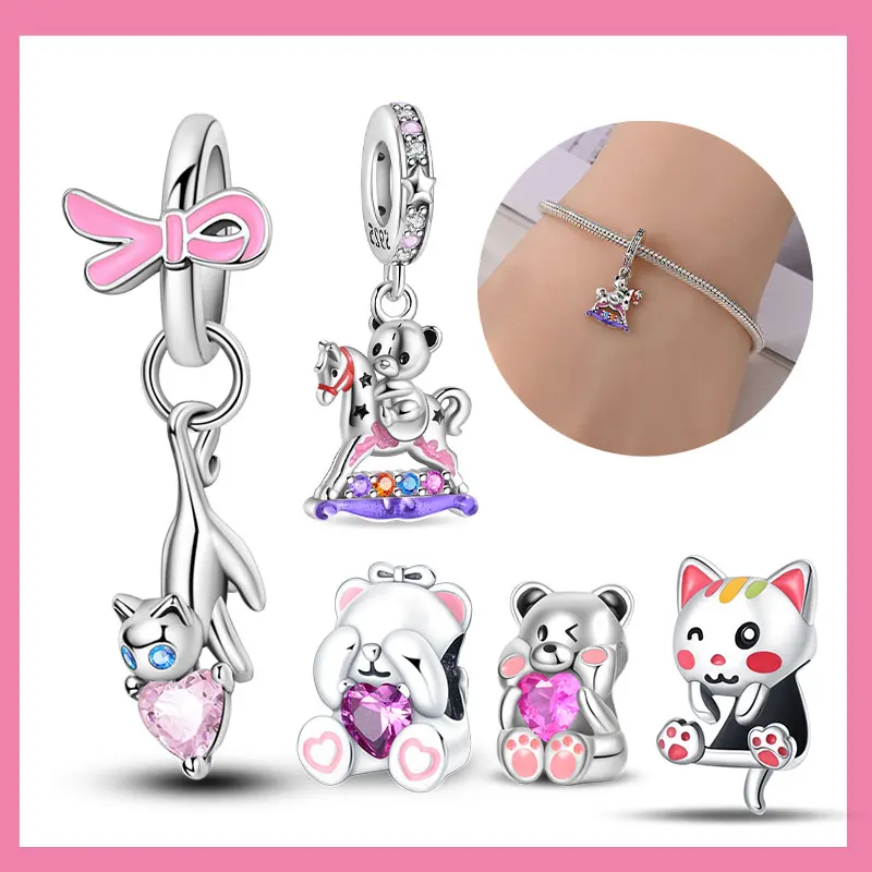 Creative 925 Sterling Silver Movable Teddy Bear Dangle Charm Fit DlY Bracelet Necklaces Women's Cute DIY Jewelry Accessories