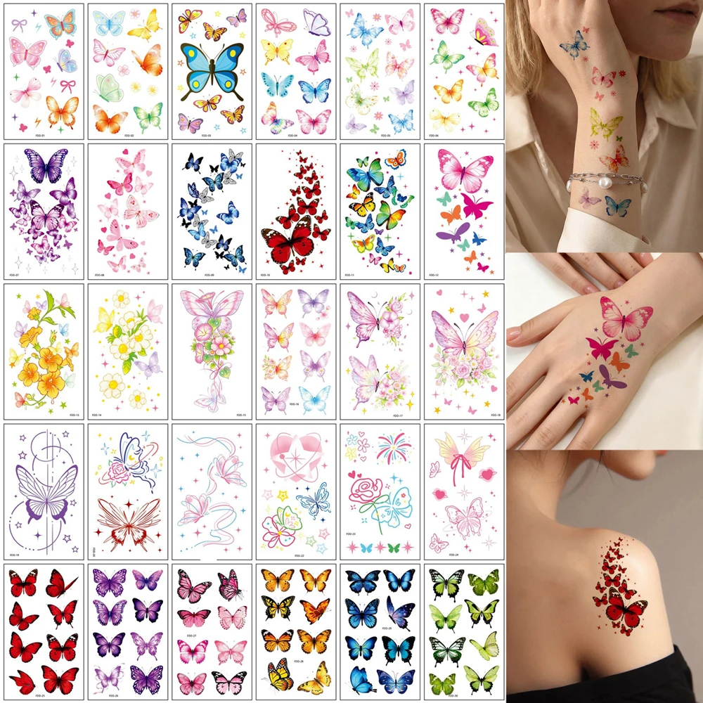 30Pcs Butterfly Temporary Tattoo Sticker Colorful Waterproof Fake Tattoo For Women Y2k Style Fake Tattoo Stickers Body Decor