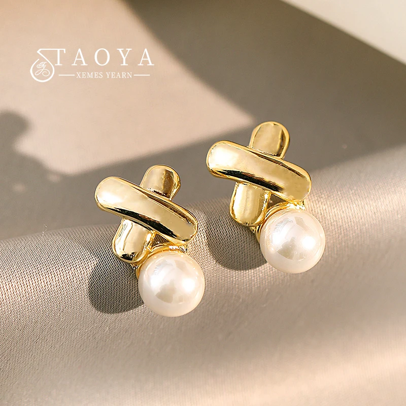 Design Sense Metal X-shaped Pearl Pendant Stud Earrings 2025 New Fashion Jewelry Girl's Simple Accessories Halloween Earrings