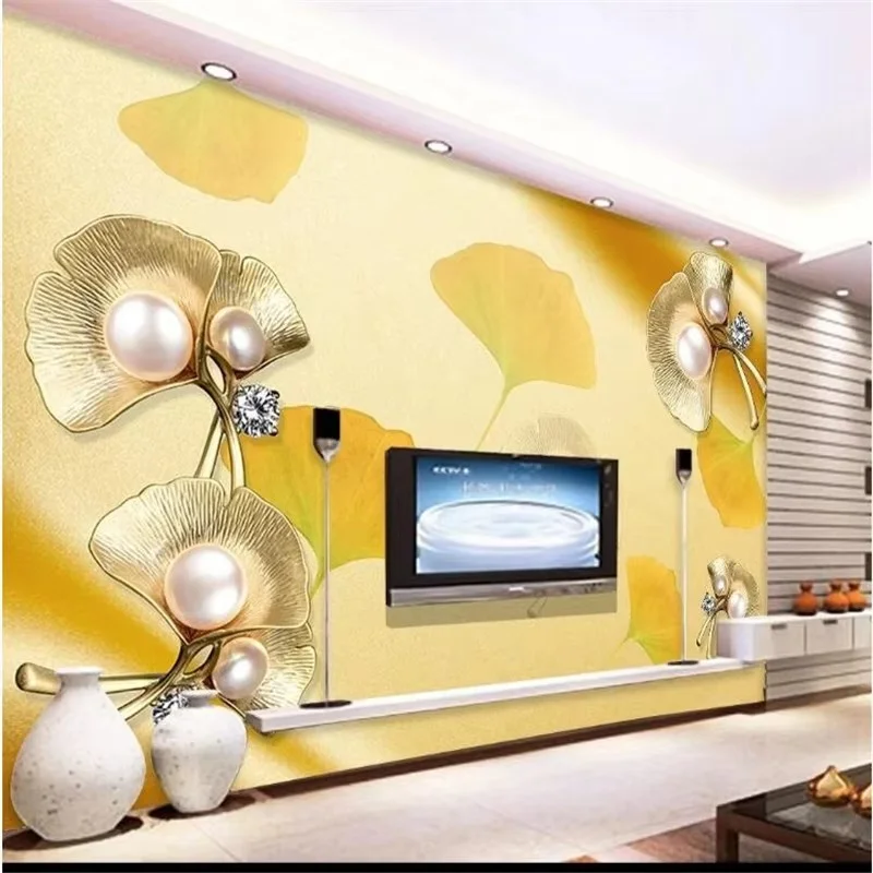 Custom wallpaper 3d European pattern ginkgo Luxury jewelry flower pearl relief modern minimalist TV background Gorgeous Jewelry