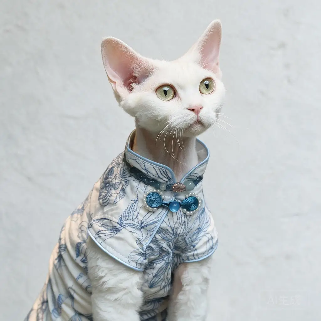 Chinese Traditional Qipao Cheongsam Mandarin Collar Cat Clothes For Sphynx Devon Rex Cornish Rex Cats Blue White Cute Pet Outfit