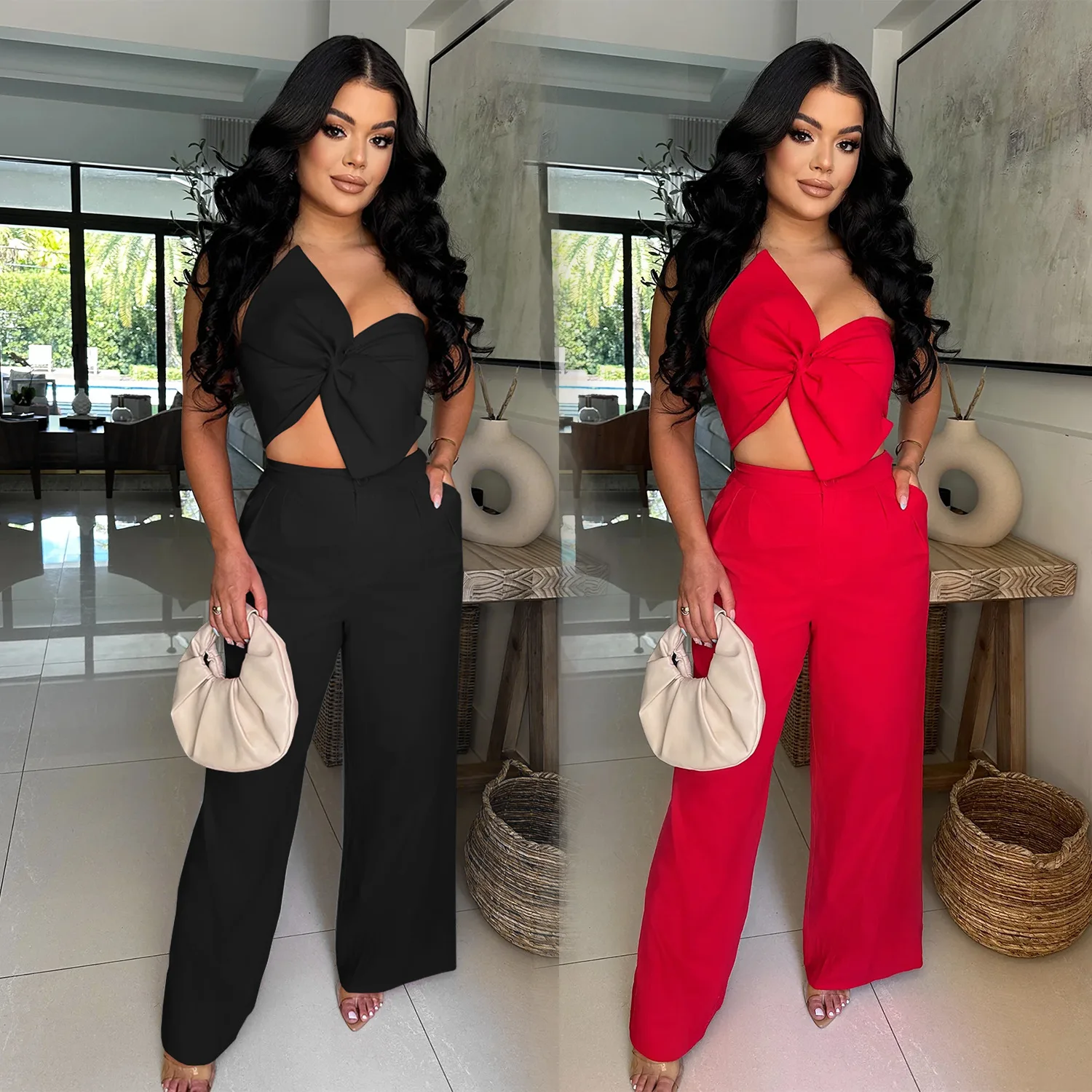 

customized women's adult European and American fashion costume elegant and sexy bow casual pants two-piece set fishnet bodysuit