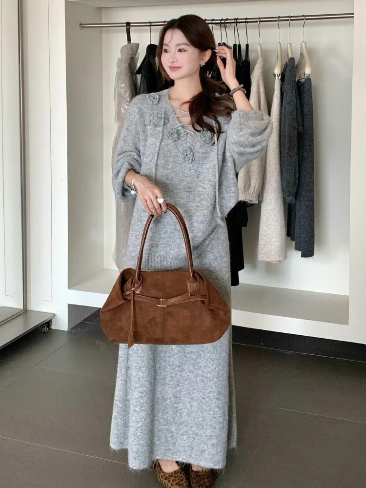 

Женский нежный элегантный комплект из двух предметов, свитер на шнуровке с 3D цветами + юбка трапециевидной формы с эластичной резинкой на талии, мягкий свободный трикотажный комплект дизайна