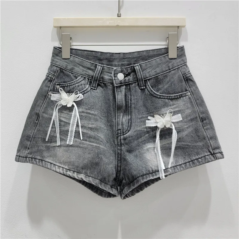 2026 Summer Spicy Girl Style Bow Three Dimensional Decoration Denim Shorts Women High Waist Slimming Versatile Hot Pants