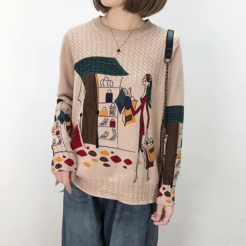 Women's Loose Thickened Autumn Winter Knitted Sweater Fashionable Retro Ethnic Style Outerwear Belly Covering Knitwear