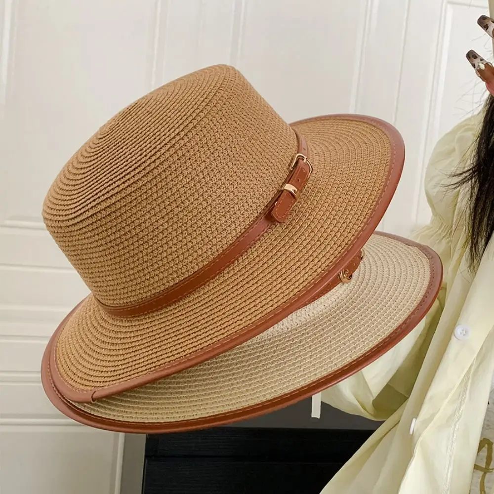 بسيطة الكورية نمط القش المنسوجة قبعة واسعة حافة مقعرة أعلى شقة قبعة رعاة البقر حافة مسطحة واقية من الشمس المرأة قبعة الشمس الربيع الصيف