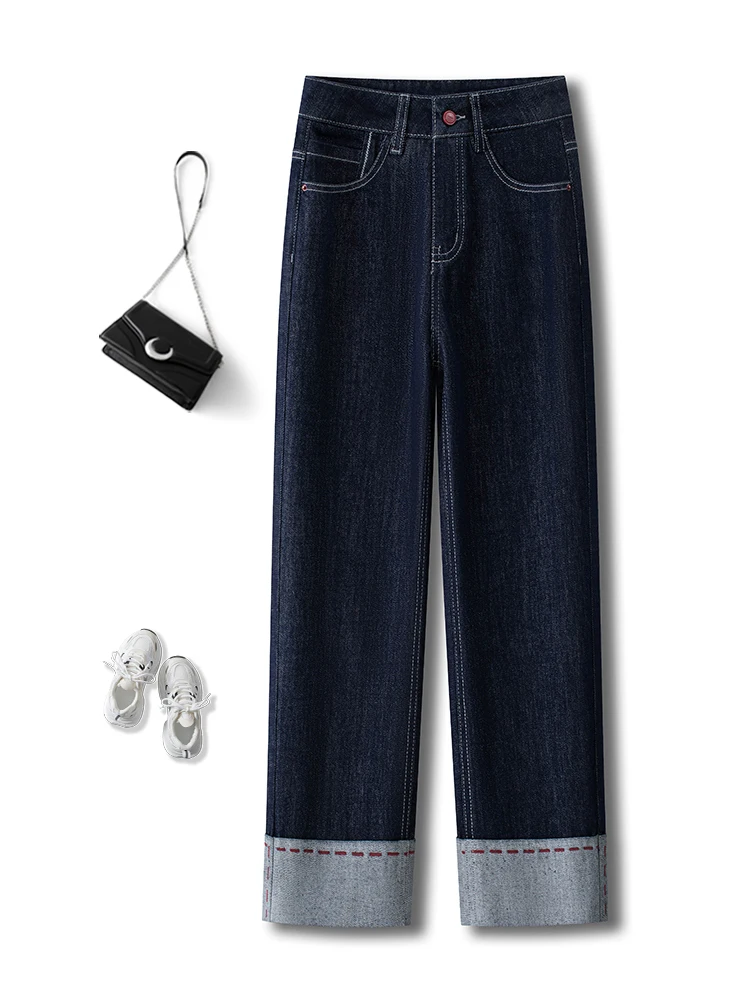 Deep Blue Straight Leg Jeans Women's High Waist Slim Fit Stretchy Nine Point Cuffed Wide Leg Pants Casual Style Oudh Oil