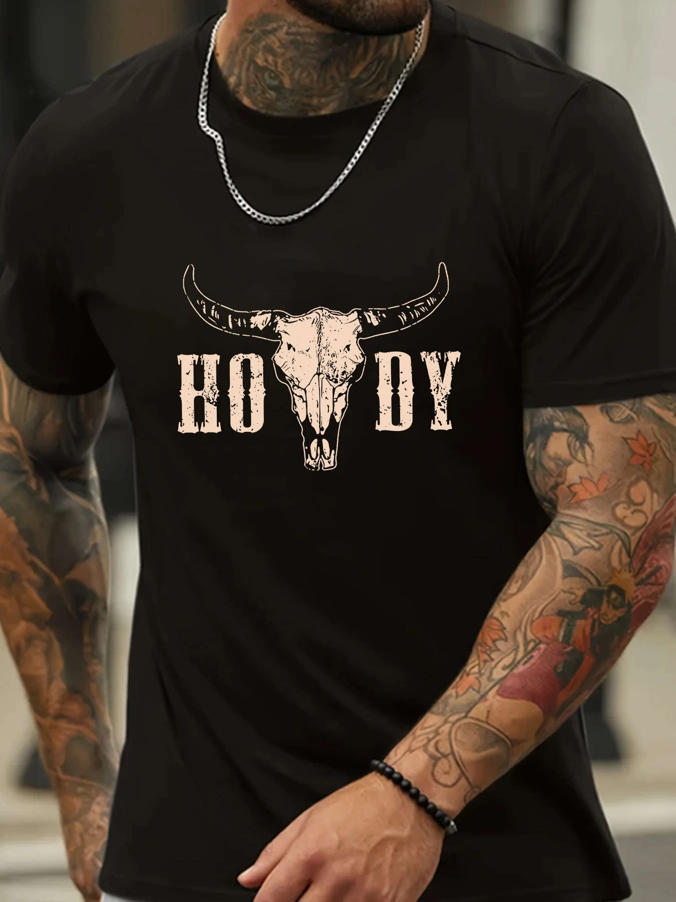

[Slight Stretch Novelty Sports Top] Men'S Cotton T-Shirt with Bull Skull Graphic, Casual Crew Neck, Short Sleeve, Slight Stretch