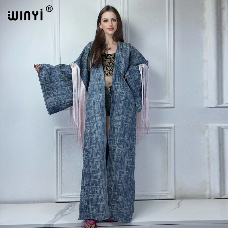 WINYI Jacquard denim cardigan tassel kimono maxi Dress elegant Party Holiday beach Cover Up abaya dubai luxury fashion dress