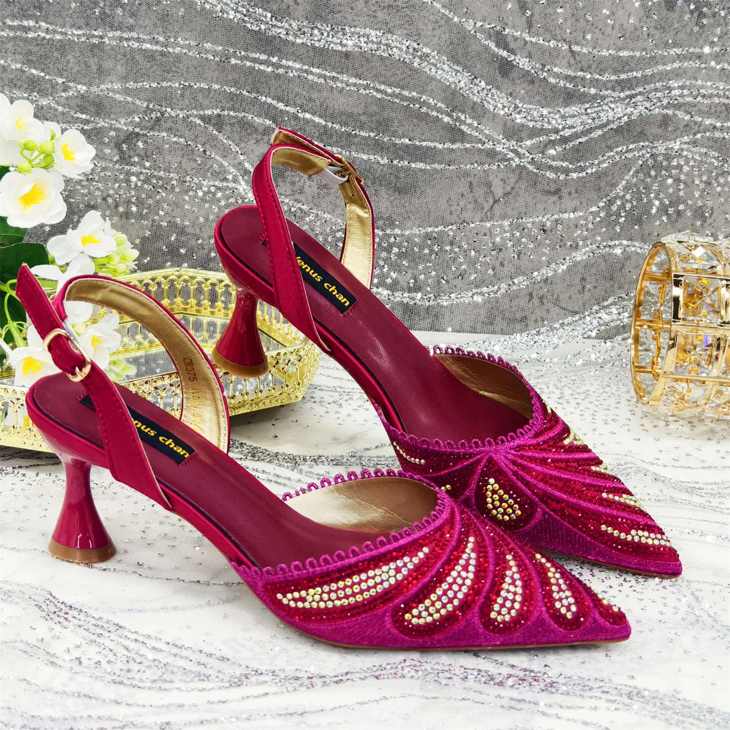 Newest Women's Wine High Heels New Featured Wedding Dress Water Diamond Metal Inlaid Sandals Bag Sets