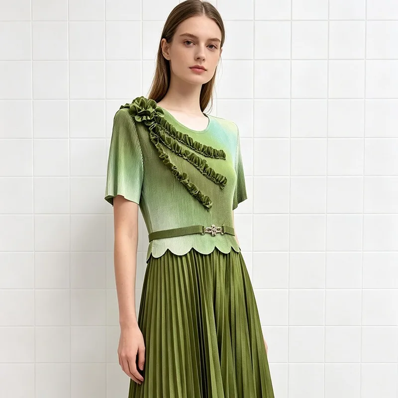 Slim Fit Maxi Dress with Pleated Short Sleeve Graduated Color Gradual A-Line Skirt Women's Clothing Southeast Asian Style Hig...